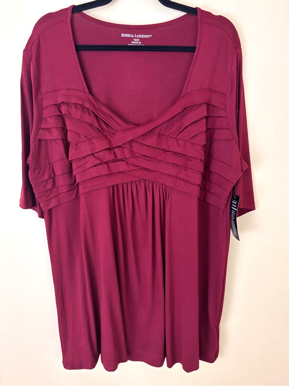 Jessica London Burgundy Stretch Scoop Neck Pleat Crossover Empire Tunic (18/20)